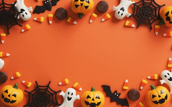 A festive halloween border filled with pumpkins, ghosts, bats, candy corn, and chocolate swirls on an orange background