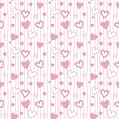Seamless pattern of hand drawn pink and silver hearts on striped background