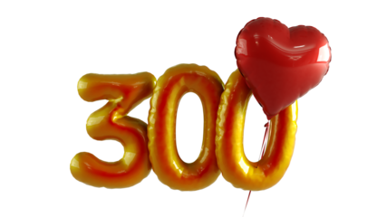 Numbers three hundred Balloon with red heart Isolated on transparent background