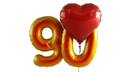 Numbers ninety Balloon with red heart Isolated on transparent background
