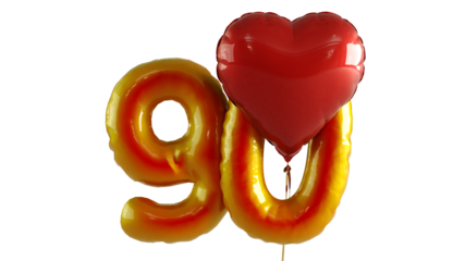 Numbers ninety Balloon with red heart Isolated on transparent background