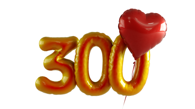 Numbers three hundred Balloon with red heart Isolated on transparent background