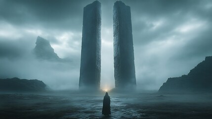 Cold dystopian monument, brushed steel edges and fractured stone symmetry, lit by overcast ambient glow