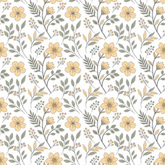Delicate hand drawn floral pattern with cherry blossoms and leaves on a white background
