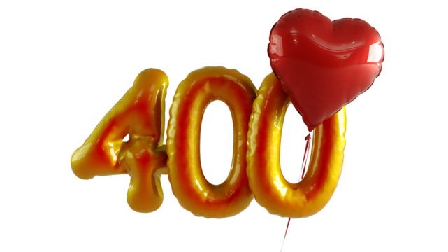 Numbers four hundred Balloon with red heart Isolated on transparent background