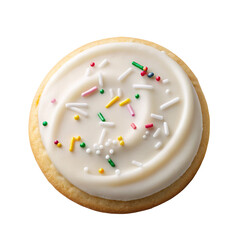 White frosted sugar cookie with colorful sprinkles against a dark background for baked goods theme