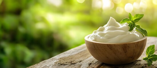 Greek yogurt on a wooden table and green field in the background