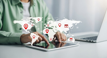Global Business Expansion: Person Using Tablet with World Map Overlay, International Network, and Global Reach