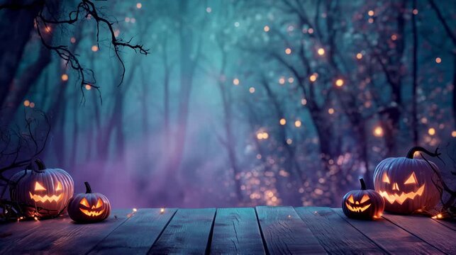 Loopable spooky Halloween forest background with glowing lights and carved pumpkins, cinematic loopable animation, eerie misty atmosphere, front wood platform, for holiday video or backdrop use