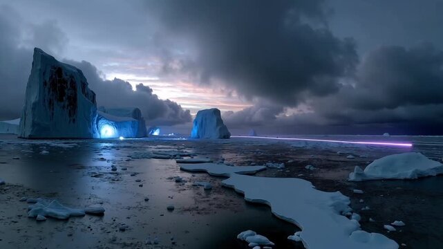 A large iceberg in the middle of a body of water under a cloudy sky