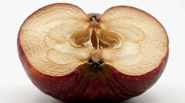 Close up of a dried red apple cut in half showing its shriveled texture and internal structure on a white background a detailed view of an aged fruit