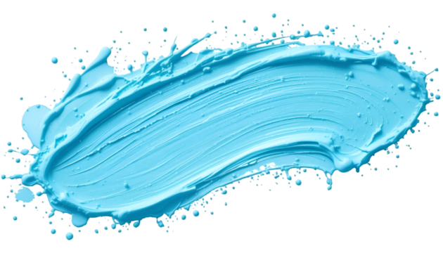 Isolated close up of a smear of light blue paint with brush strokes on a black background texture .