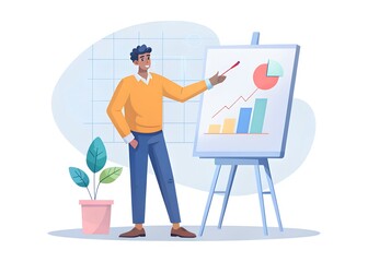A man in an orange sweater points to a bar graph and pie chart on a whiteboard during a business presentation