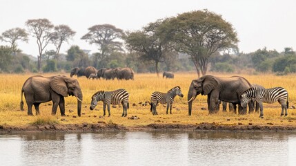 Obraz premium African elephants and zebras by a waterhole.
