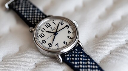Closeup of watch face showing dial numerals texture of the strap material