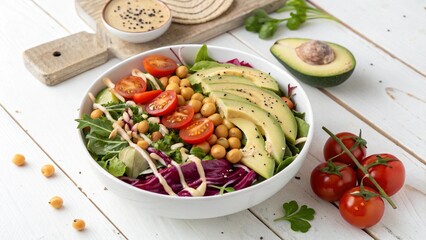 Fresh vegan salad with mixed greens, cherry tomatoes, avocado slices, red cabbage, chickpeas, and tahini 