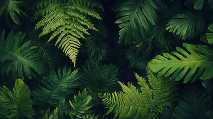 Lush green tropical foliage background, various leaf textures and shapes, overhead view.