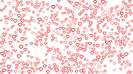 Random scattered red and pink outlines of hearts without overlap on a white background. Abstract vector background for Valentine's Day. 