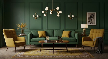 Stylish Hunter Green Living Room with Mid-Century Furniture, Gold Fixtures, and a Patterned Rug for a Vibrant and Elegant Modern Home Interior