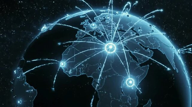 Global network connectivity and data transfer across a digital earth showing internet communication and technological advancements in a futuristic world