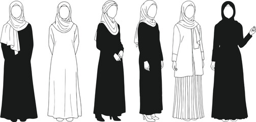 Vector art of a collection of women in various traditional muslim dresses and hijabs stand gracefully, isolated on white background