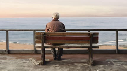 Man sitting on bench overlooking ocean beach at sunset peaceful contemplation