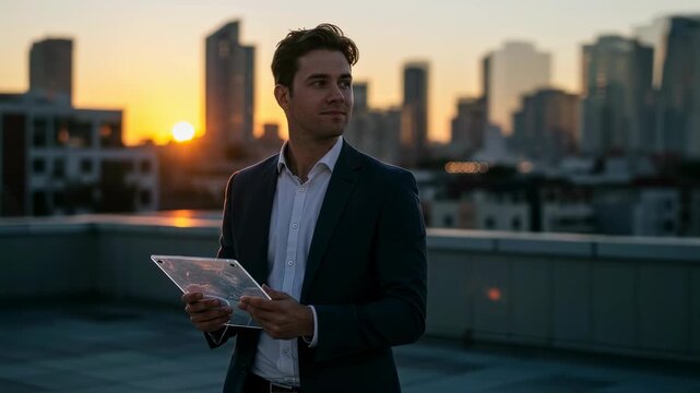 Caucasian man holding transparent tablet on rooftop. Businessman using future technology with digital screen for business data, footage. - Powered by Adobe