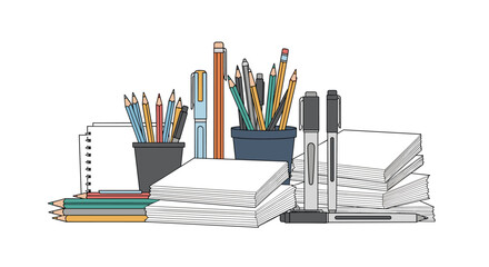 Fototapeta premium Collection of stationery items arranged artistically on white background for creative work and office supplies