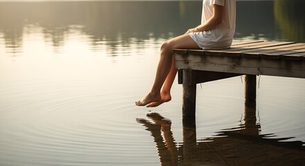 Woman peacefully sits on a wooden dock, dangling her feet in calm lake water at sunset.