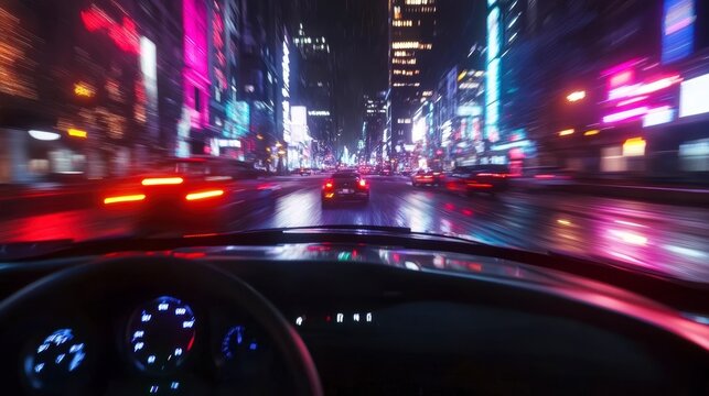 Night drive through a vibrant city with blurred lights and rain. - Powered by Adobe