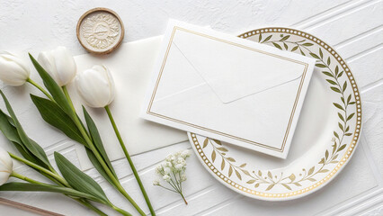 Blank White Invitation Card.Wedding invitation card mockup with eucalyptus twigs and envelope