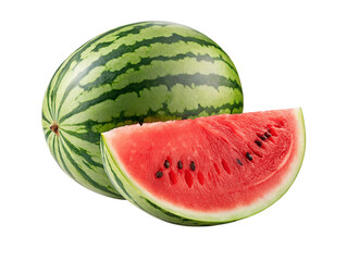 Fresh watermelon with slice showing juicy red flesh on white background stock photo image