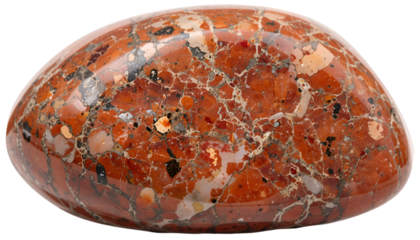 Close up of a polished red and brown brecciated jasper stone with white veining and black inclusions .