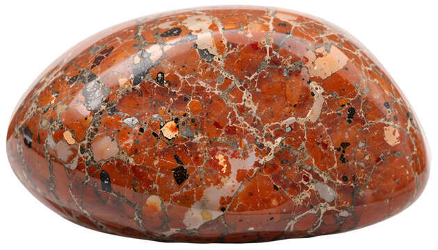 Close up of a polished red and brown brecciated jasper stone with white veining and black inclusions .