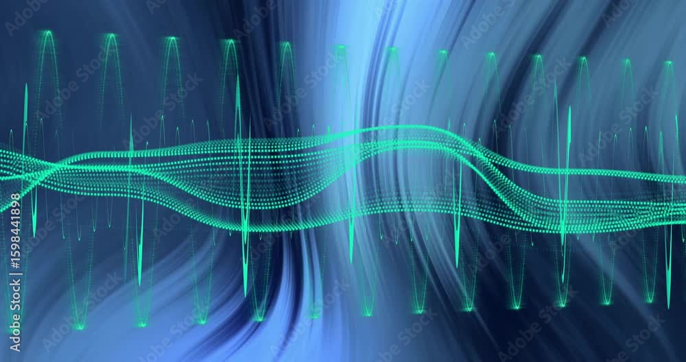 Poster glowing teal dotted waveform starting pulsing from spikes, shifting and representing audio motion