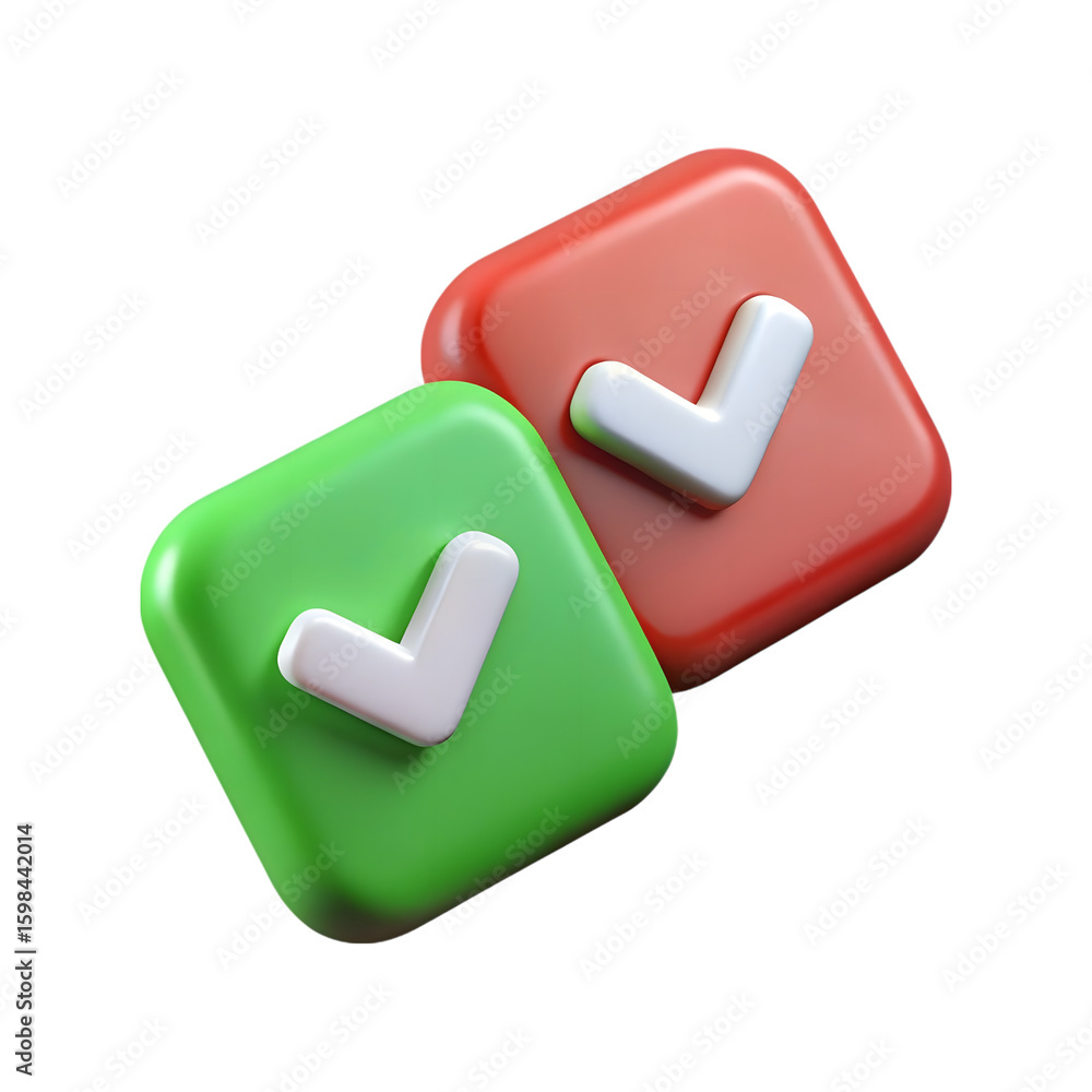 Poster two 3d checkmark icons one green and one red isolated on transparent background