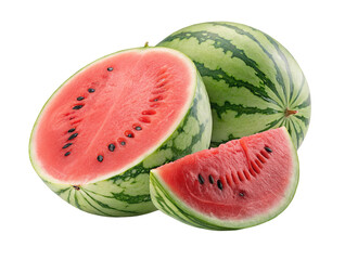 Fresh sliced watermelon with seeds and striped skin displayed on black isolated background shot