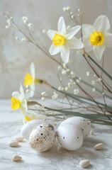 Fototapeta premium Minimalistic easter still life concept on beige background