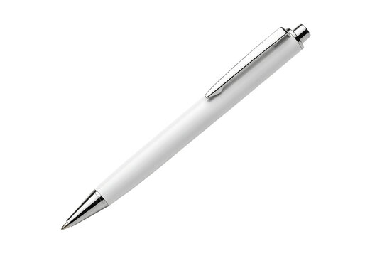 Elegant white ballpoint pen with a silver clip, realistic mockup. Isolated on transparent background, png