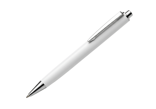 Elegant white ballpoint pen with a silver clip, realistic mockup. Isolated on transparent background, png