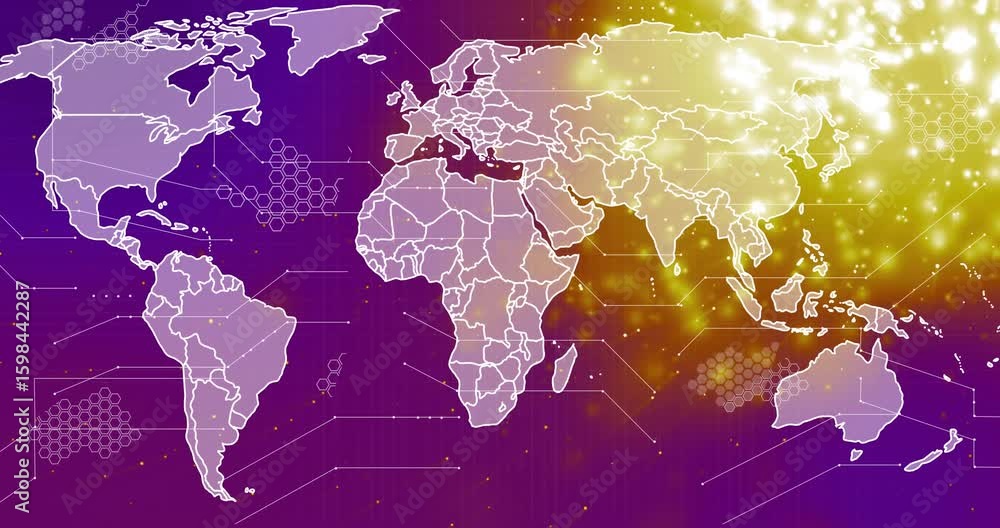 Poster starting purple tracing map sparking golden particles pulsing hex grids visualizing network flows