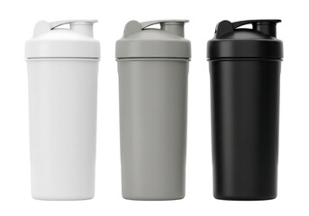 Obraz premium Set of three protein shaker bottles in white, grey, and black colors. Isolated on transparent background, png