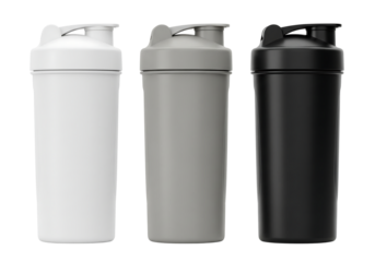 Set of three protein shaker bottles in white, grey, and black colors. Isolated on transparent background, png