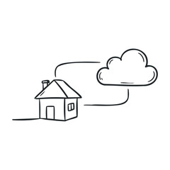 Simple house and cloud connection sketch in black and white. Vector illustration