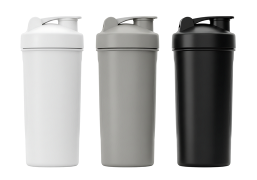 Set of three protein shaker bottles in white, grey, and black colors. Isolated on transparent background, png