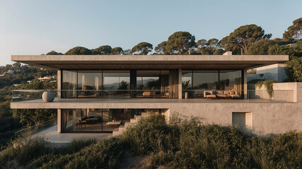 Modern architectural luxury villa with expansive views of the lush landscape and coastal mountains at golden hour