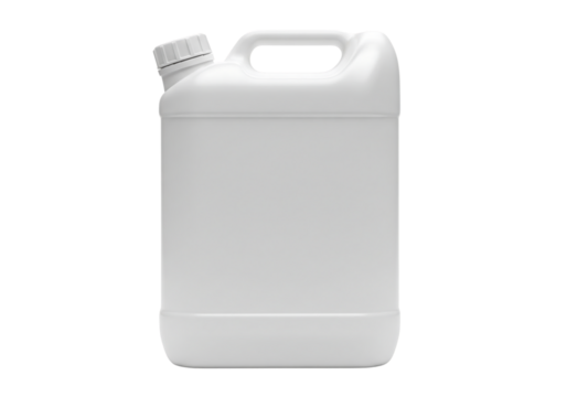 White plastic jerry can or canister for liquids, industrial mockup. Isolated on transparent background, png