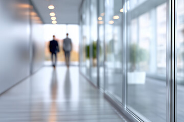 Blurred image of two business people walking through a modern office hallway