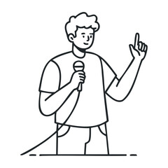 Young caucasian male speaker with microphone gesturing during presentation. Vector illustration