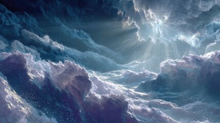 Thunderous clouds loom above turbulent ocean waves as sunlight breaks through, creating a mesmerizing contrast. A scene filled with drama and beauty unfolds.